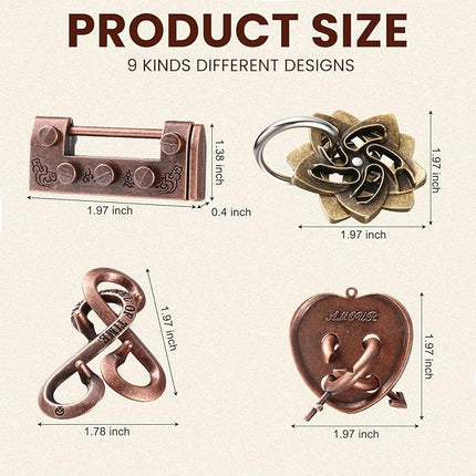 Wettarn 9 Pcs Metal Brain Teaser Puzzles Teaser 3D Steel Puzzle for Adults Unlock Interlocking Games IQ Education Smart Logic Test Toys for Adults Mind Challenge(Fun Style)