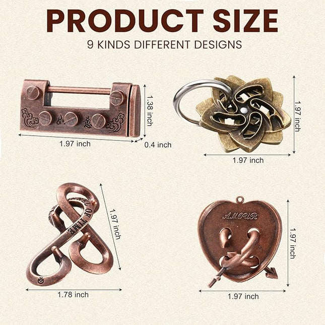 Wettarn 9 Pcs Metal Brain Teaser Puzzles Teaser 3D Steel Puzzle for Adults Unlock Interlocking Games IQ Education Smart Logic Test Toys for Adults Mind Challenge(Fun Style)