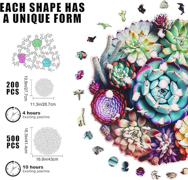 delobi Mandala Succulent Wooden Puzzles, 500 Pieces Jigsaw Puzzles 11.3'' x10.9'', Unique Design Liberty Wooden Puzzles for Adults and Kids, Family Game Gift Medium Size