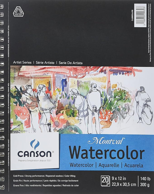 Canson Artist Series Watercolor Paper, Wirebound Pad, 9x12 inches, 20 Sheets (140lb/300g) - Artist Paper for Adults and Students - Watercolors, Mixed Media, Markers and Art Journaling