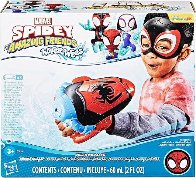 Spidey and his Amazing Friends Marvel Water-Webs Miles “Spin” Morales Electronic Bubble Slinger Role Play Set with Mask, Super Hero Toys for Kids, Ages 3+ (Amazon Exclusive)