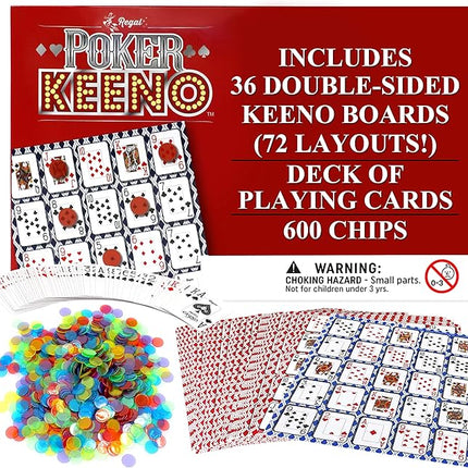 Regal Games - Poker Keeno Bulk Game Set - Includes 36 Two-Sided Boards, 600 Scoring Chips, 1 Deck of Standard Poker Cards - 72 Unique Board Layouts- Casino Night Card Game- Compatible w Poker Keno