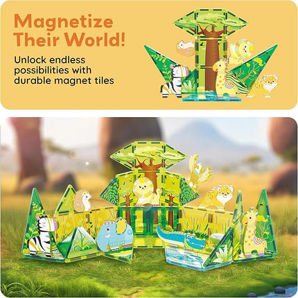 PicassoTiles Magnet Tile Building Block Safari Themed Set with 8 Compatible Magnetized Animal Action Figures Build Blocks Toddler Creativity Toys STEAM Educational Learning Skills Ages 3+ PTQ12