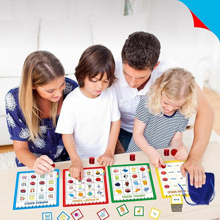 Family Bingo Game, Alphabet Animal Sight Word and Number Bingo Board Game, Counting and Matching Skills Classic Educational Game for Kindergarten and Preschool Kids, Perfect for Home and Classroom