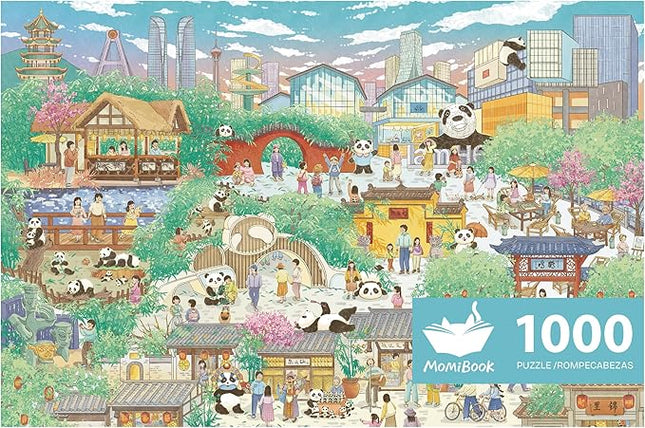 MOMIBOOK Puzzles for Adults 1000 Pieces Jigsaw Puzzles of Chengdu Panda Guide, Painting Image Chinese Difficult Challenging Hard Impossible Puzzle Unique Funny Party Christmas Birthday Gifts