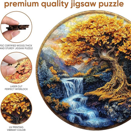 Puzzles for Adults, Tree of Life Waterfall River Wooden Jigsaw Puzzles 200 Pieces Unique Shape Adult Puzzles, Irregular Wood Creative Gift for Adults Family Game(11.2x11.2 in)