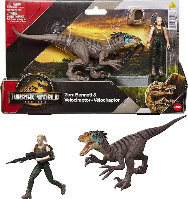 Mattel Jurassic World Rebirth Human & Dinosaur Figure Pack, Zora Bennett & Velociraptor, Movie-Accurate 3.75 Inch Scale, Posable Collectible