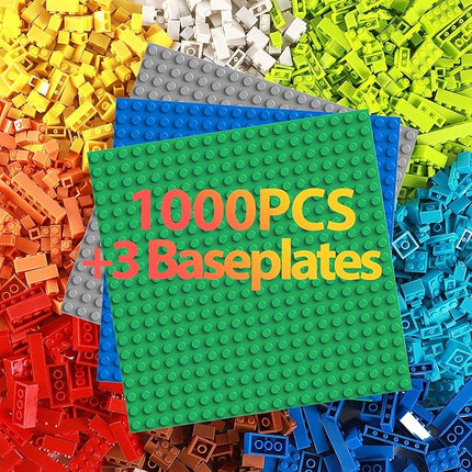 Building Blocks Set 1000PCS Building Bricks, Classic Bulk Building Blocks with 3 Pack 20x20 Studs Baseplates, Compatible with All Major Brands