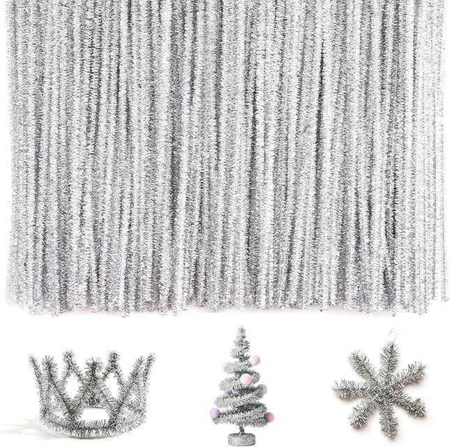 Caydo 200 Pieces Silver Pipe Cleaners Craft Chenille Stems for DIY Art Creative Crafts Party Decorations (12 Inch x 6 mm)