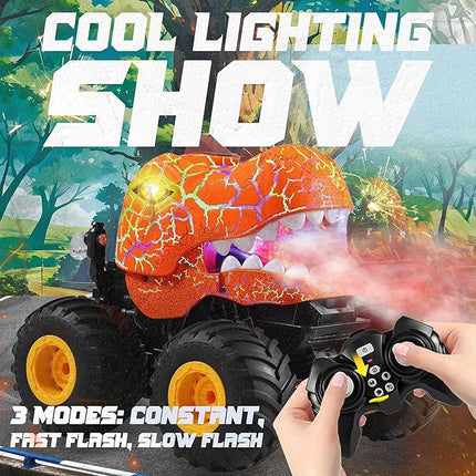 BEZGAR Monster Truck Toys - Remote Control Monster Truck with Spray, Light, Music, Dinosaur Toys for Kids, 1:20 Scale RC Truck with 360° Spins and Drifting, Remote Control Car for Boys 4-7 Orange