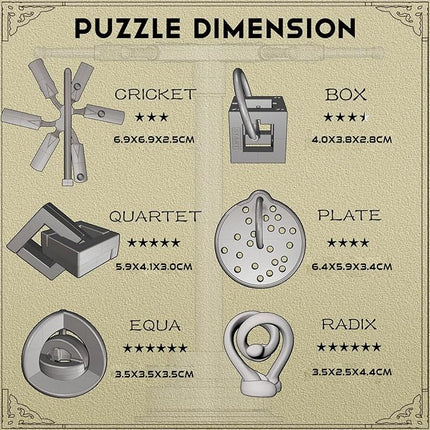 Metal Brain Teaser Puzzle Set - 6 Puzzles with Display Rack, 3D Logic Games for Teens Adults, Gift for Christmas, Valentine's Day, Birthday, Anniversary & Family Party Game