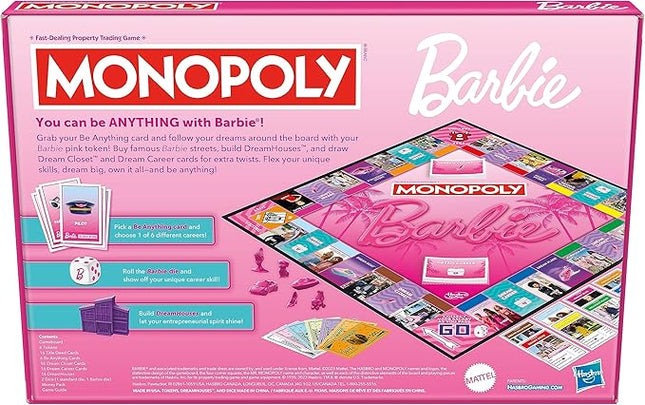 Monopoly: Barbie Edition Board Game, Ages 8+, 2-6 Players, Fun Family Games for Kids and Adults, with 6 Barbie-Themed Pink Zinc Tokens, Kids Gifts