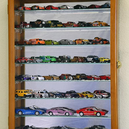 7 Adjustable Shelves Mirrored Hot Wheels/Matchbox/Diecast Cars / 1/64 1/43 Model Display Case Cabinet, Oak