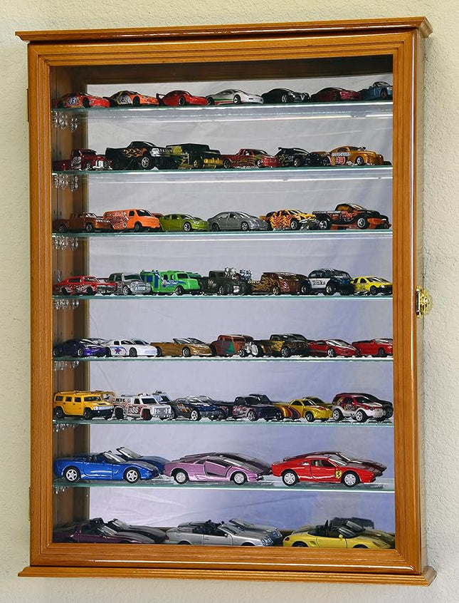 7 Adjustable Shelves Mirrored Hot Wheels/Matchbox/Diecast Cars / 1/64 1/43 Model Display Case Cabinet, Oak