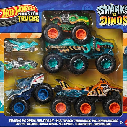 Hot Wheels Toy Cars & Monster Trucks, Sharks vs. Dinos Multipack with 2 Big Rigs, 2 1:64 Scale Monster Trucks & 2 1:64 Scale Hot Wheels Vehicles