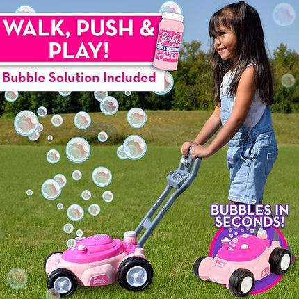 Barbie Bubble Lawn Mower for Toddlers, Bubble Blowing Machines, Indoor and Outdoor Gardening Toy, Birthday, Party Favor for Preschool Girls, No Batteries Required, Includes Bubble Solution, 2+