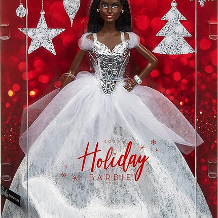 Barbie Signature 2021 Holiday Doll (12-inch, Brunette Braided Hair) in Silver Gown, with Doll Stand and Certificate of Authenticity, Gift for 6 Year Olds and Up