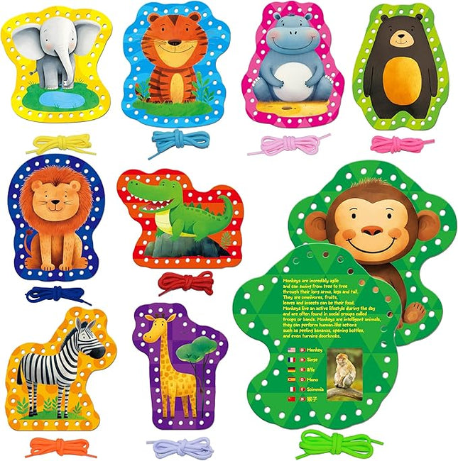 SpriteGru 9 PCS Kids Lacing Cards, 9 Double Sided Wild Animals Sewing Cards with 9 Colorful Laces, Educational & Learning Toys for Preschoolers, Kids Ages 3+