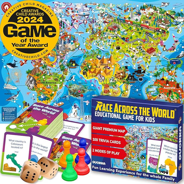 QUOKKA Board Game 1 to 10 Players - Learning, Educational - Geography, World - 100 Question Cards, Top Facts - Indoor, Outdoor - Kids, Teens, Adults, Family