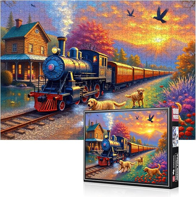 Puzzles for Adults 1000 Piece, Train and Dog Jigsaw Puzzle 1000 Pieces, Train Jigsaw Puzzles with Vintage Steam Train, Countryside Scenery, Cute Dog Great Gift for Family Friends