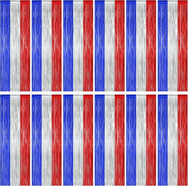 12 Pack 4th of July Decorations, 3.28 FT x 7.05 FT Patriotic Tinsel Backdrop, Metallic Blue Silver Red Fringe Curtains Party Streamer Foil Backdrop, Independence Day Party Supplies Patriotic Decor