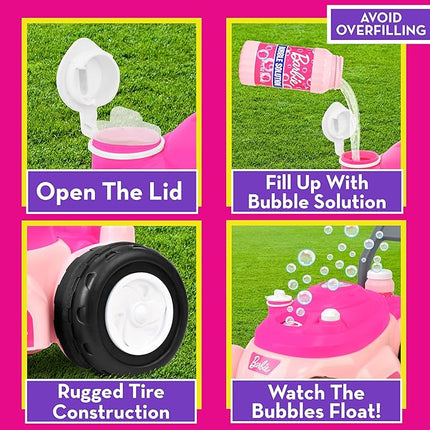 Barbie Bubble Lawn Mower for Toddlers, Bubble Blowing Machines, Indoor and Outdoor Gardening Toy, Birthday, Party Favor for Preschool Girls, No Batteries Required, Includes Bubble Solution, 2+