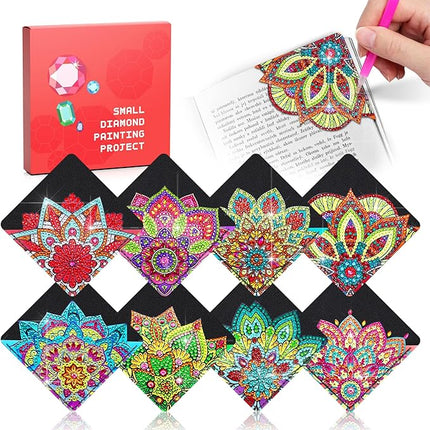8 PC Diamond Art Corner Bookmarks Leather Book Mark Kit for Adults Paint by Dots Bookmarkers Valentines Day Diamond Art Craft DIY Gem Small Dotz Gifts for Women Mandala Flower Black Lotus