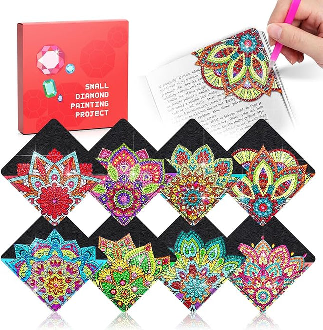8 PC Diamond Art Corner Bookmarks Leather Book Mark Kit for Adults Paint by Dots Bookmarkers Valentines Day Diamond Art Craft DIY Gem Small Dotz Gifts for Women Mandala Flower Black Lotus