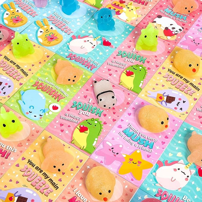 JOYIN 28 Packs Valentines Day Gifts for Kids, Kawaii Mochi Squishy Toy with Valentines Day Cards for Kids School Classroom, Stress Relief Toy for Boy Girl Valentine Party Favor, Class Exchange Prizes