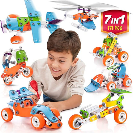 STEM Building Toy for 7-12 Year Old Boys - 7-in-1 Models Kids Love to Build and Play - 171Pcs Construction Set with Engineering Activity Kit - Best Birthday Gift Toy