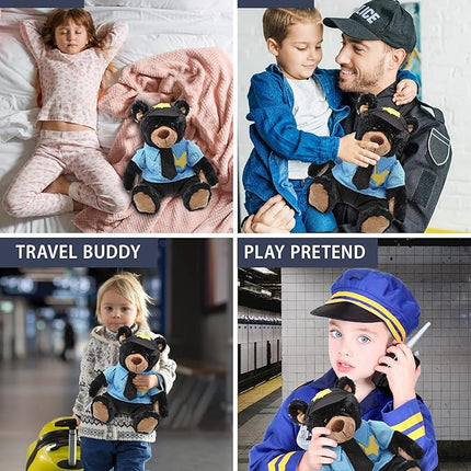 DolliBu Black Bear Police Officer Plush Toy - Super Soft Plush with Red Plaid Hoodie Stuffed Animal with Cute Cop Uniform and Cap Outfit - Gift with Personalization - 10 Inches