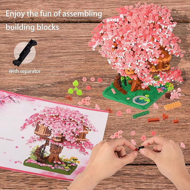 Cherry Blossom Tree Building Block Set Gift for Adults Girls Boys 14+, Cherry Bonsia Treehouse Micro Building Blocks, Japanese Sakura Flowers House 2028PCS