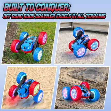 Remote Control Car Double Sided 360°Rotating 4WD RC Cars with Headlights 2.4GHz Electric Race Stunt Toy Car Rechargeable Toy Cars for 6-12 Year Old Boys Girls Birthday Gift (Red and Blue)