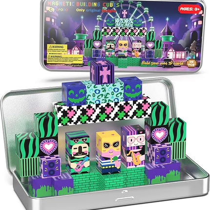 Music Animals Theme Magnetic Building Blocks Travel Toys Set with Portable Metal Tin for Kids Boys & Girls Ages 3+, 35PCS STEM Learning Magnetic Cubes for Toddlers 3-5,Birthday Gifts, Classroom Prizes