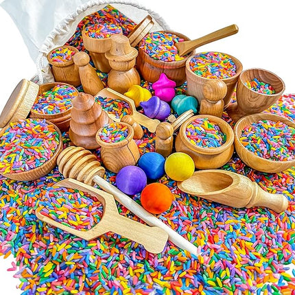 Wooden Tool Set for Sensory Bin (30 Piece), Child-Sized Montessori Sensory Toys for Developing Fine Motor Skills, Smooth Wooden Toys, Bin Scoops and Tools