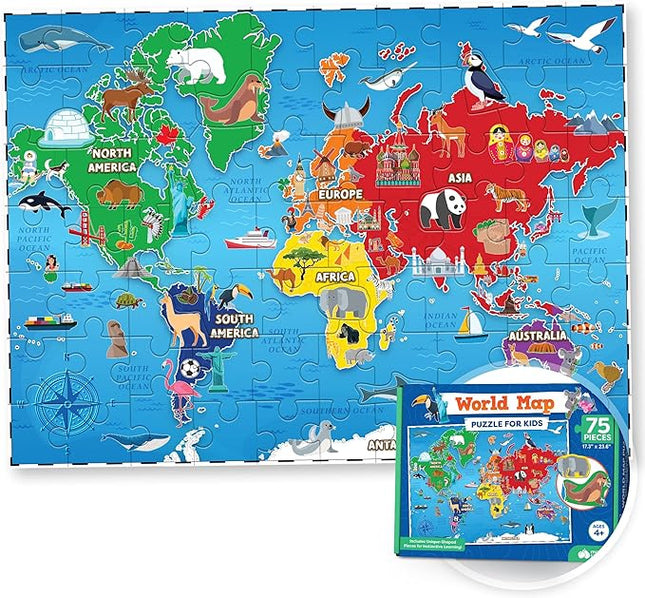 World Map Puzzle for Kids - 75 Piece - World Puzzles with Continents - Childrens Jigsaw Geography Puzzles for Kids Ages 4-8, 5, 6, 7, 8-10 Year Olds - Globe Atlas Puzzle Maps Learning Games Gifts