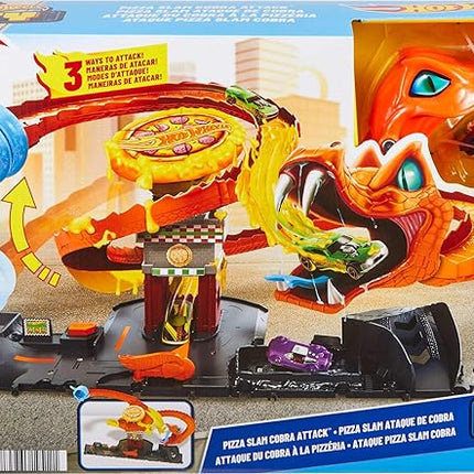 Hot Wheels City Toy Car Track Set, Pizza Slam Cobra Attack Playset, Snake Tail Spiral with Randomizer, 1 Vehicle in 1:64 Scale