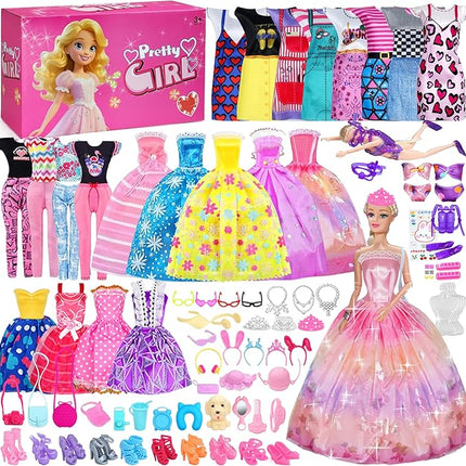 122Pcs Doll Clothes and Accessories - with Doll Sets,Fashion Pack Playset Including Wedding Gowns/Dresses/Hangers/Shoes/Outfit,Fashionista Princess Dolls Playset,Birthday Girls Gifts Age 345678