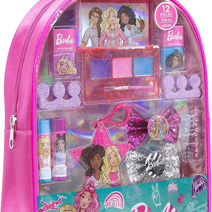 Barbie Backpack Cosmetic Makeup Gift Bag Set 12 Pcs Includes Lip Gloss, Nail Polish & Hair Accessories for Kids Teen Tween Girls, Ages 3+ Perfect for Parties, Sleepovers and Makeovers by Townley Girl