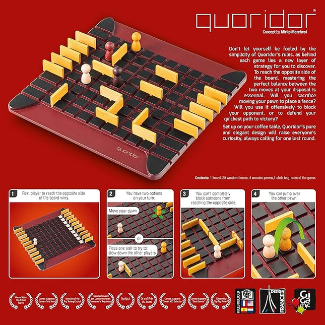 Quoridor - Over 1 Million Sold! Mensa Select Winner | Wooden Abstract Strategy Game for Adults and Families | Ages 8+ | 2 to 4 Players | 1 Minute to Learn, 15 Minutes to Play