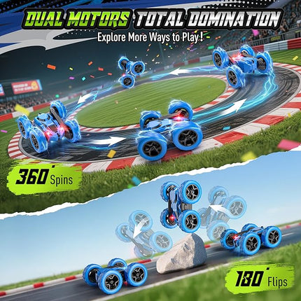 RC Stunt Car for Kids, 360° Flip Double Sided Remote Control Vehicle with Headlights, USB-C Rechargeable 4WD Toy, 2.4GHz Electric Car for Boys and Girls (Blue)