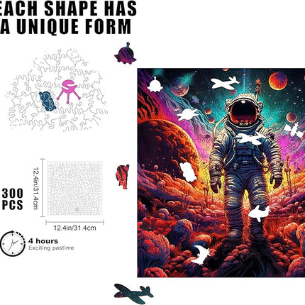 Wooden Jigsaw Puzzle for Adults - Challenging 300 Piece Puzzle with Cool Shapes - Astronaut Space Planet Puzzle Art - Paranormal Collection (Galactic Groove)