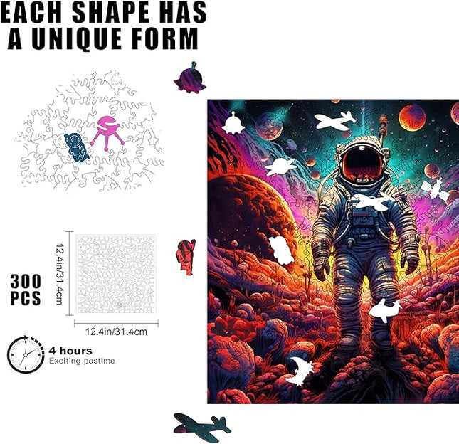 Wooden Jigsaw Puzzle for Adults - Challenging 300 Piece Puzzle with Cool Shapes - Astronaut Space Planet Puzzle Art - Paranormal Collection (Galactic Groove)