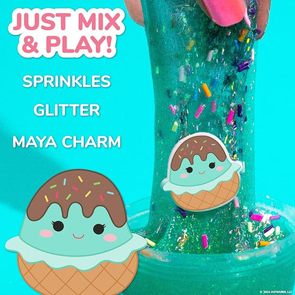 Original Squishmallows Glitter Slime, Mini Maya The Ice Cream Charm, Chocolate Scented, 3 Fun Add-Ins, Pre-Made Slime for Kids, Great 6 Year Old Toys