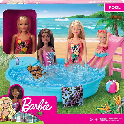 Barbie Doll & Pool Playset with Pink Slide, Beverage Accessories & Towel, Blonde Fashion Doll in Tropical Swimsuit