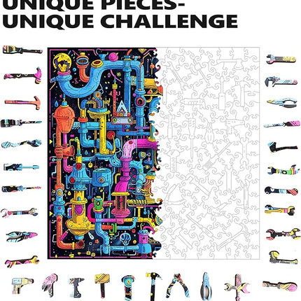 Wooden Jigsaw Puzzle for Adults - Challenging 300 Piece Puzzle with Cool Shapes - Mind Bending Brain Teaser Collection (Sci-Fi Sewer)