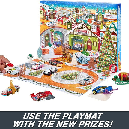 Hot Wheels Toy Car Set, 2023 Advent Calendar with 8 1:64 Scale Vehicles, 16 Accessories & Playmat for Kids & Collectors