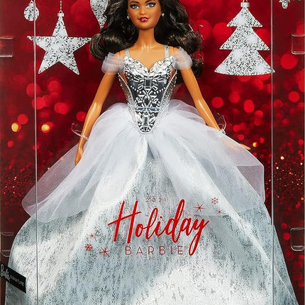 Barbie Signature 2021 Holiday Doll (12-inch, Brunette Hair) in Silver Gown, with Doll Stand and Certificate of Authenticity, Gift for 6 Year Olds and Up