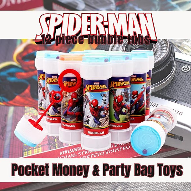 Toyland® Pack of 12 Spider-Man Bubbles with Wands, 2fl oz Solution & Novelty Maze Lid - Pocket Money & Party Bag Toys
