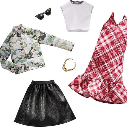 Barbie Clothes - 2 Outfits Doll Include Floral Denim Jacket and Leathery Black Skirt, Gift for 3 to 8 Year Olds